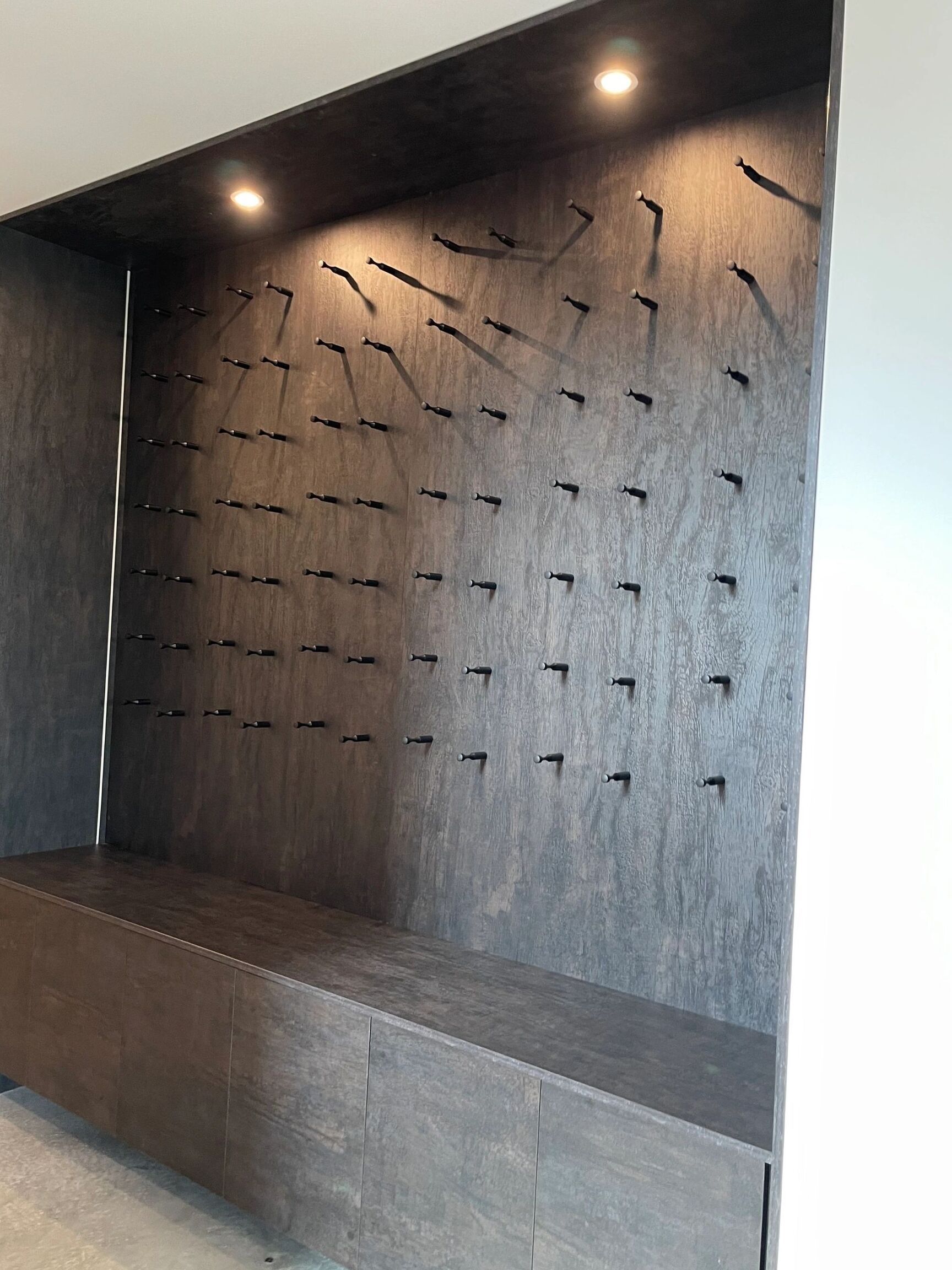 Mudroom bench with drawer units and coat hook backing panel