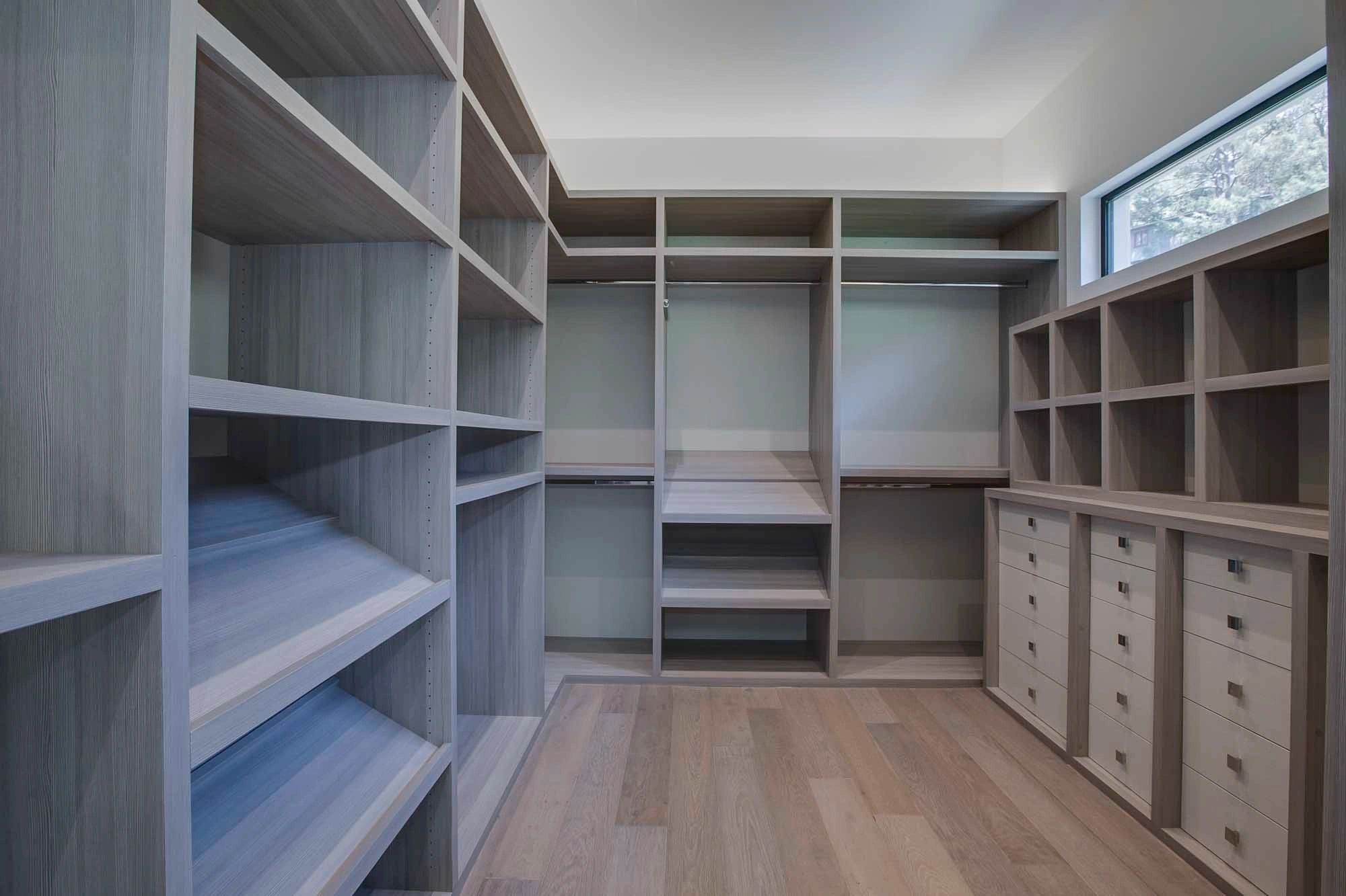 Walk-in closet wardrobe shelves and drawers